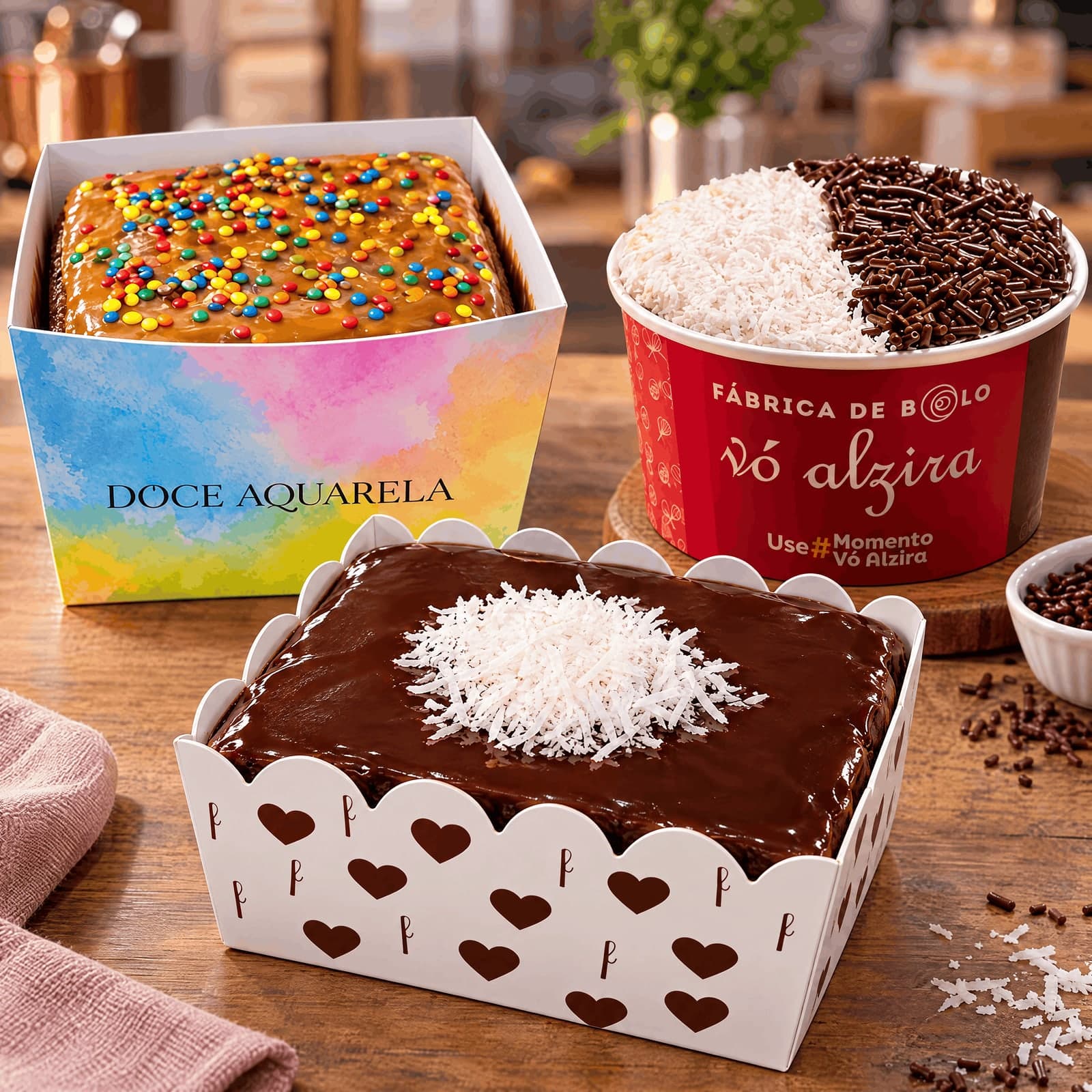 Bolos em embalagens forneáveis de papel-cartão personalizadas com a marca de cada confeitaria